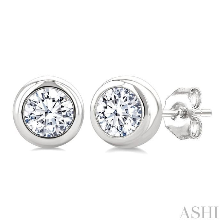 3/4 Ctw Bezel Set Round Cut Diamond Stud Earrings in 14K White Gold