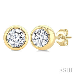 1 Ctw Bezel Set Round Cut Diamond Stud Earrings in 14K Yellow Gold