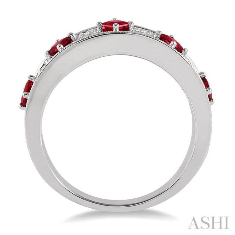 2.5 MM Princess Cut Ruby and 1/6 Ctw Round Cut Diamond Precious Band in 14K White Gold