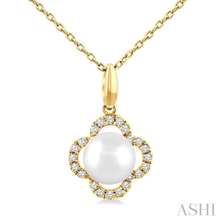 6 MM Cultured Pearl and 1/10 Ctw Round Cut Diamond Clover Petite Fashion Pendant With Chain in 10K Yellow Gold