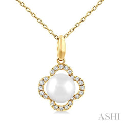 6 MM Cultured Pearl and 1/10 Ctw Round Cut Diamond Clover Petite Fashion Pendant With Chain in 10K Yellow Gold