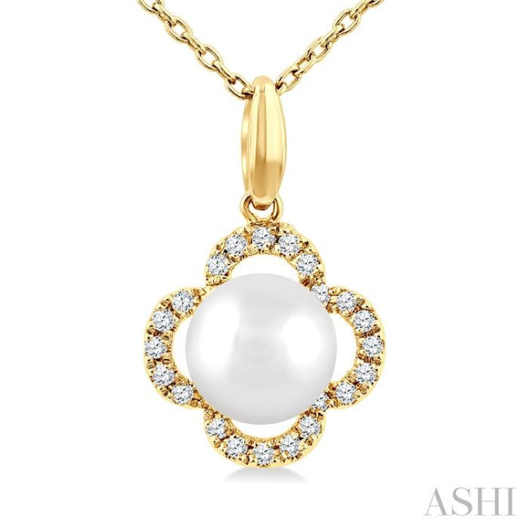 6 MM Cultured Pearl and 1/10 Ctw Round Cut Diamond Clover Petite Fashion Pendant With Chain in 10K Yellow Gold