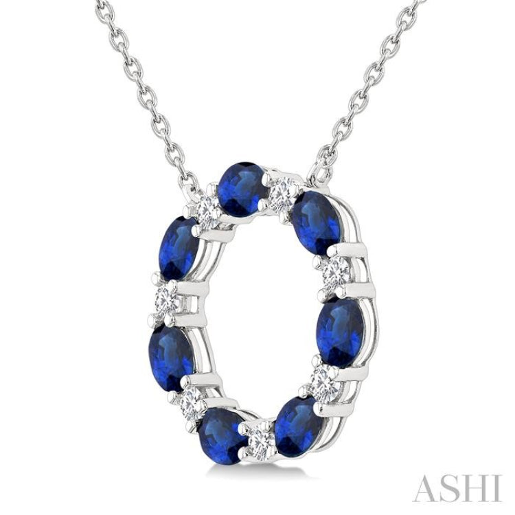 4x3 MM Oval Cut Sapphire and 1/4 Ctw Round Cut Diamond Circle Pendant With Chain in 14K White Gold