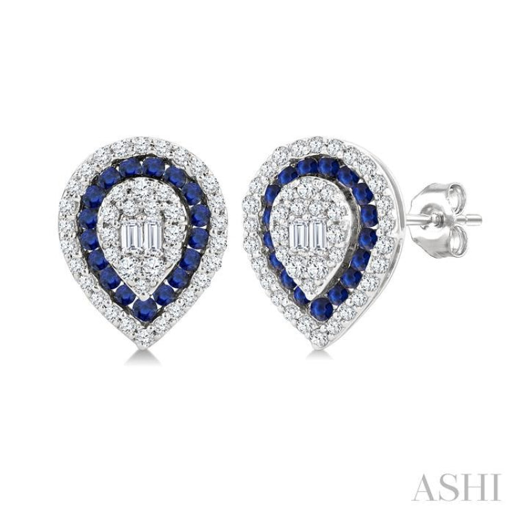 1/3 Ctw Pear Shape 1.25MM & 1.00MM Round Cut Sapphire, Baguette and Round Cut Diamond Fusion Precious Stud Earring in 14K White Gold