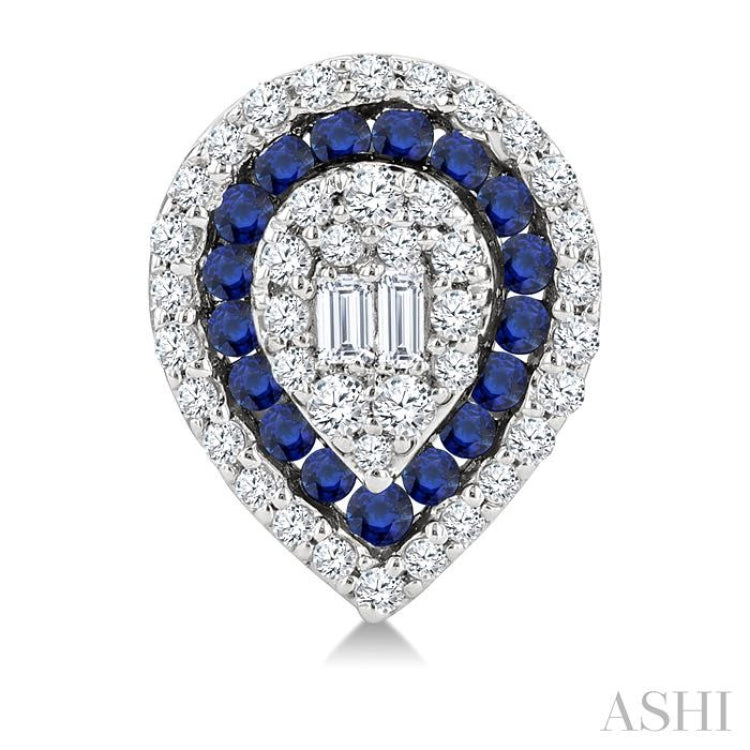 1/3 Ctw Pear Shape 1.25MM & 1.00MM Round Cut Sapphire, Baguette and Round Cut Diamond Fusion Precious Stud Earring in 14K White Gold
