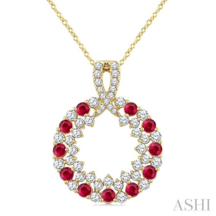 2.3 MM Round Shape Ruby and 3/4 Ctw Round Cut Diamond Precious Circle Pendant With Chain in 14K Yellow Gold