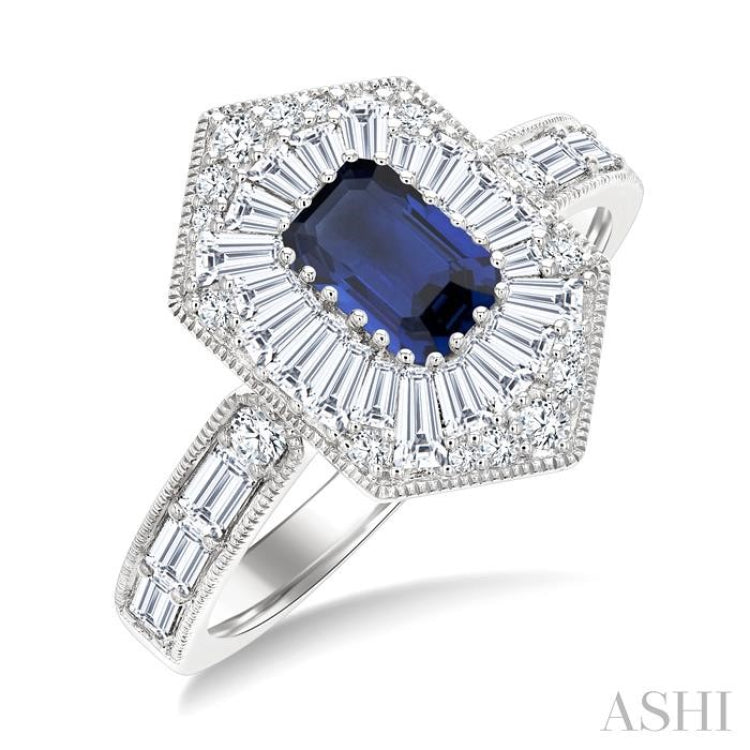 1 Ctw Art Deco Hexagon 6X4MM Octagon Shape Sapphire, Baguette and Round Cut Diamond Precious Fashion Ring in 14K White Gold