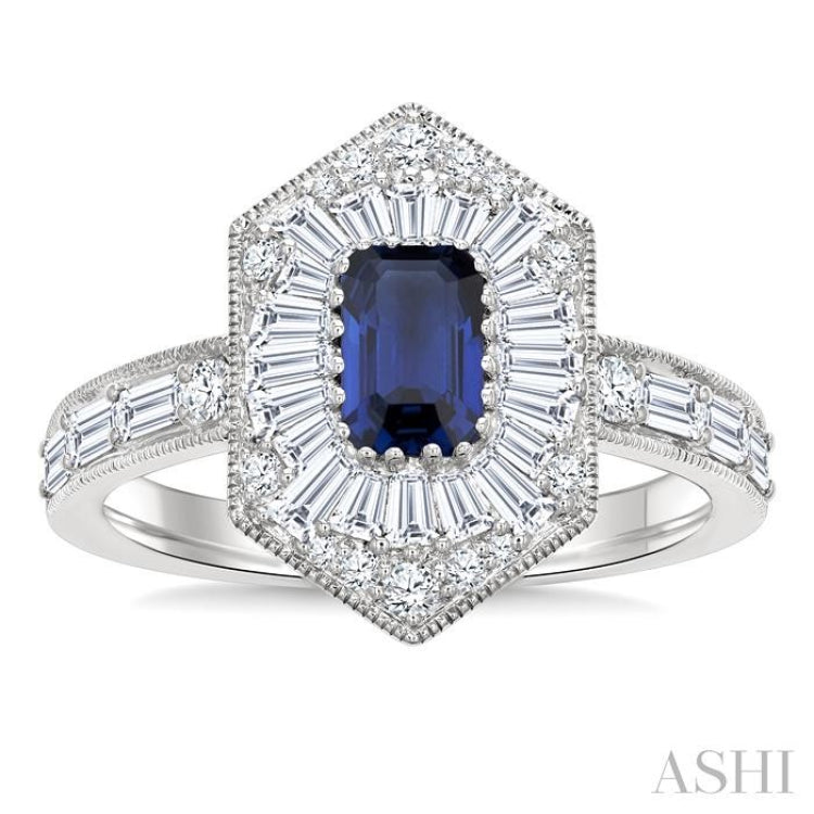 1 Ctw Art Deco Hexagon 6X4MM Octagon Shape Sapphire, Baguette and Round Cut Diamond Precious Fashion Ring in 14K White Gold