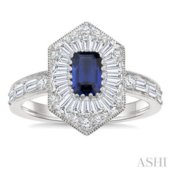 1 Ctw Art Deco Hexagon 6X4MM Octagon Shape Sapphire, Baguette and Round Cut Diamond Precious Fashion Ring in 14K White Gold