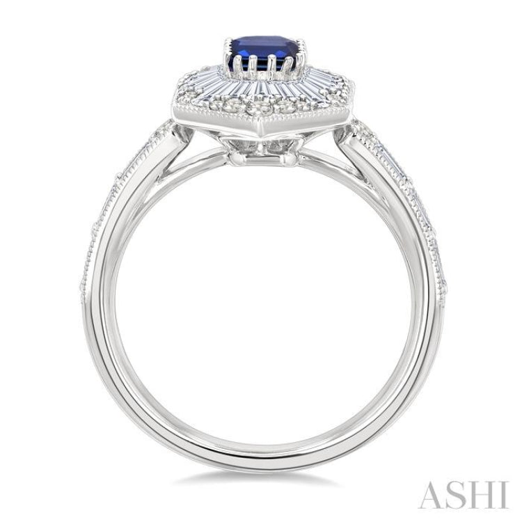 1 Ctw Art Deco Hexagon 6X4MM Octagon Shape Sapphire, Baguette and Round Cut Diamond Precious Fashion Ring in 14K White Gold