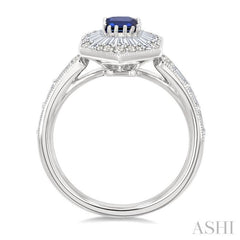 1 Ctw Art Deco Hexagon 6X4MM Octagon Shape Sapphire, Baguette and Round Cut Diamond Precious Fashion Ring in 14K White Gold