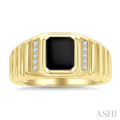 1/10 Ctw 8X7 MM Emerald Cut Onyx and Round Cut Diamond Semi-Precious Men's Ladder Groove Shank Ring in 10K Yellow Gold