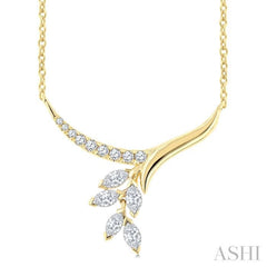 1/3 Ctw Leaf Stem Drop Marquise and Round cut Diamond Fashion Necklace in 14K Yellow Gold