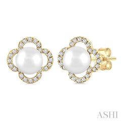 5 MM Cultured Pearl and 1/6 Ctw Round Cut Diamond Clover Petite Fashion Earrings in 10K Yellow Gold
