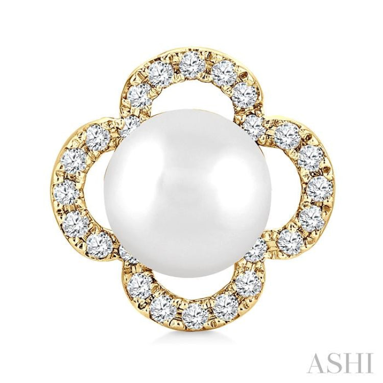 5 MM Cultured Pearl and 1/6 Ctw Round Cut Diamond Clover Petite Fashion Earrings in 10K Yellow Gold