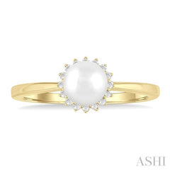 6 MM Round Shape Cultured Pearl and 1/10 Ctw Petite Round Cut Diamond Floral Halo Fashion Ring in 10K Yellow Gold