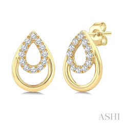 1/6 Ctw Overlay Pear Shaped Frame Round Cut Diamond Fashion Drop Earring in 10K Yellow Gold
