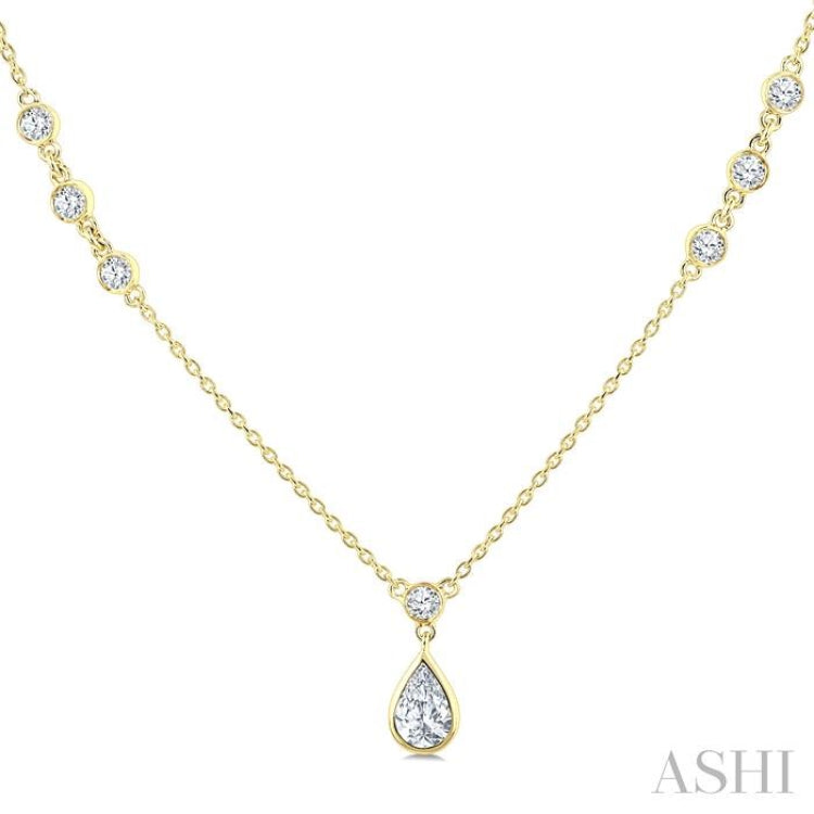 1/2 Ctw Bezel Set Pear and Round Cut Diamond Drop Necklace in 14K Yellow Gold
