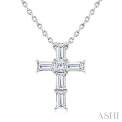 1/6 Ctw Princess and Baguette Cut Diamond Cross Petite Fashion Pendant With Chain in 10K White Gold