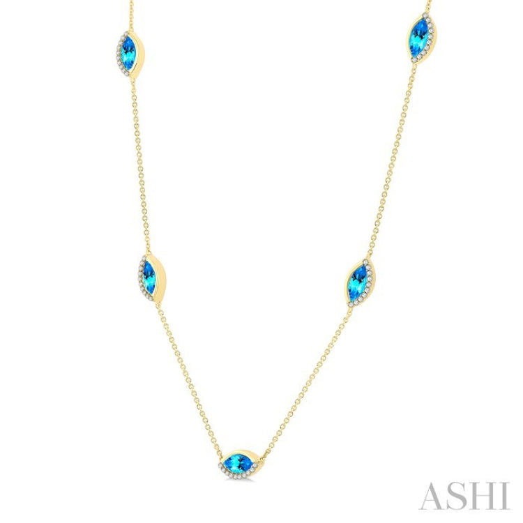 1/4 Ctw 8X4MM Marquise Cut Blue Topaz and Round Cut Diamond Station Necklace in 10K Yellow Gold