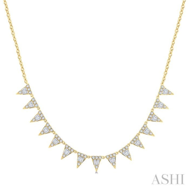1 1/2 Ctw Inverted Triangle Motif Baguette and Round Cut Diamond  Necklace in 14K Yellow Gold