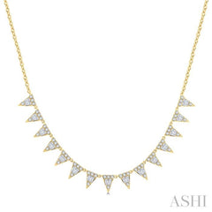 1 1/2 Ctw Inverted Triangle Motif Baguette and Round Cut Diamond  Necklace in 14K Yellow Gold