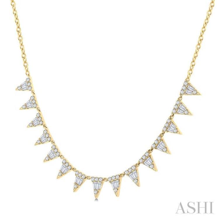 1 1/2 Ctw Inverted Triangle Motif Baguette and Round Cut Diamond  Necklace in 14K Yellow Gold