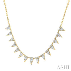 1 1/2 Ctw Inverted Triangle Motif Baguette and Round Cut Diamond  Necklace in 14K Yellow Gold