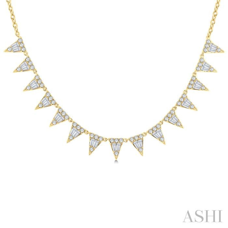 1 1/2 Ctw Inverted Triangle Motif Baguette and Round Cut Diamond  Necklace in 14K Yellow Gold