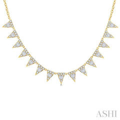 1 1/2 Ctw Inverted Triangle Motif Baguette and Round Cut Diamond  Necklace in 14K Yellow Gold