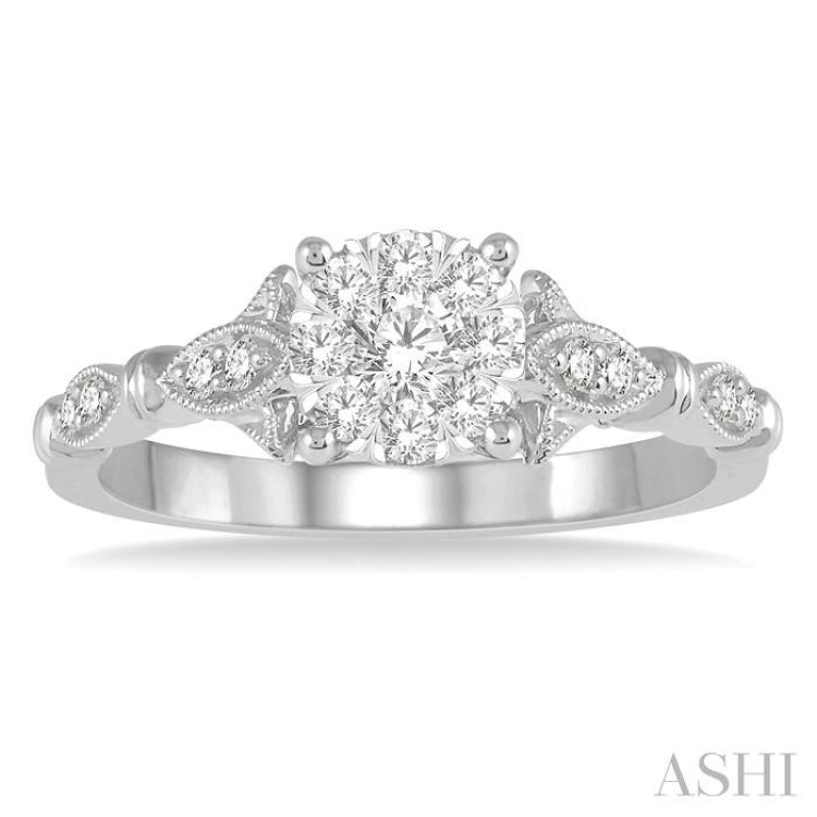1/2 Ctw Marquise Shank Circular Mount Lovebright Round Cut Diamond Ring in 14K White Gold