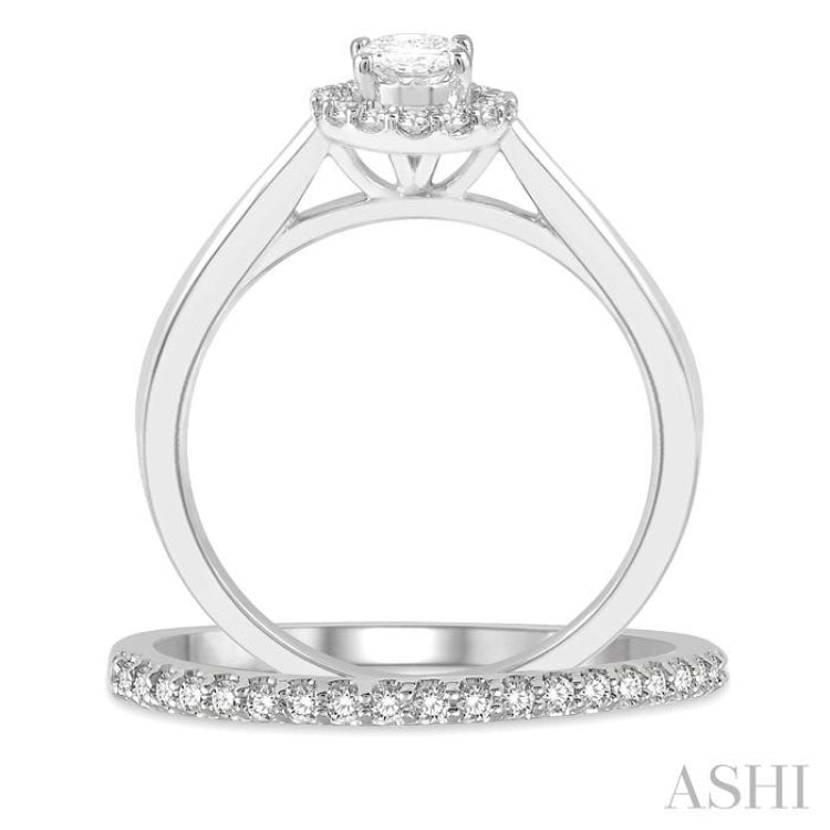 3/8 Ctw Round Cut Diamond Wedding Set With 1/3 Ct Halo 1/4 Ct Oval Cut Center Stone Engagement Ring and 1/10 Ct Wedding Band in 14K White Gold