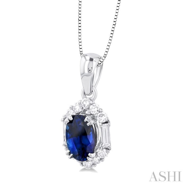 6x4 MM Oval Cut Sapphire and 1/5 Ctw Baguette & Round Cut Diamond Hexagon Shape Halo Precious Pendant With Chain in 10K White Gold