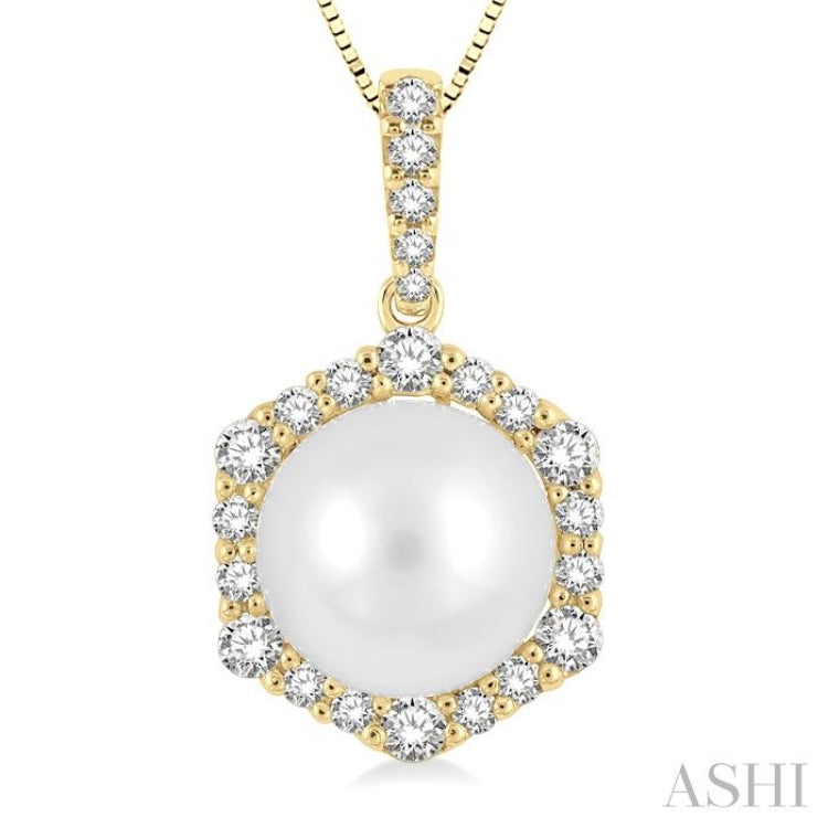 8 MM Cultured Pearl and 1/3 Ctw Hexagon Shape Round Cut Diamond Pendant With Chain in 14K Yellow Gold