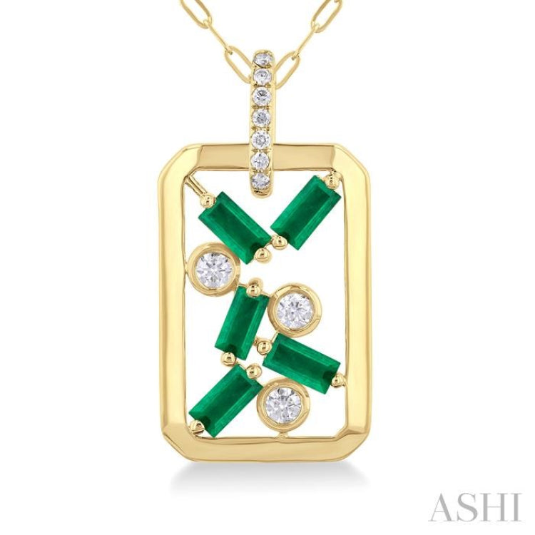 4x2 MM Scatter Baguette Cut Emerald and 1/6 Ctw Round Cut Diamond Precious Fashion Pendant With Chain in 14K Yellow Gold