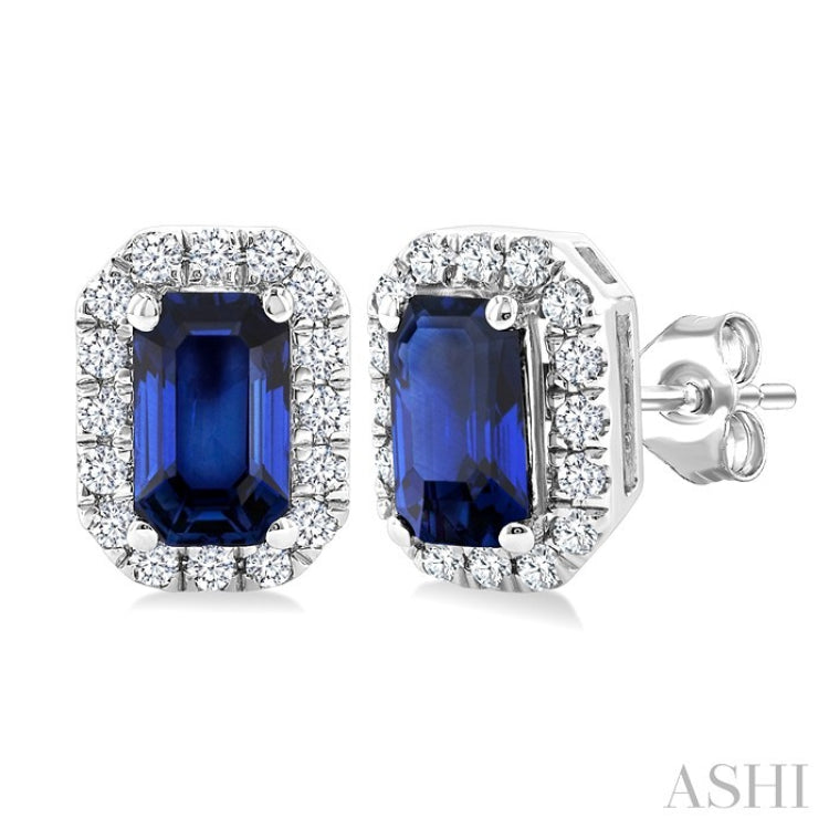 5x3 MM Octagonal Shape Sapphire and 1/8 Ctw Round Cut Diamond Halo Precious Stud Earrings in 14K White Gold
