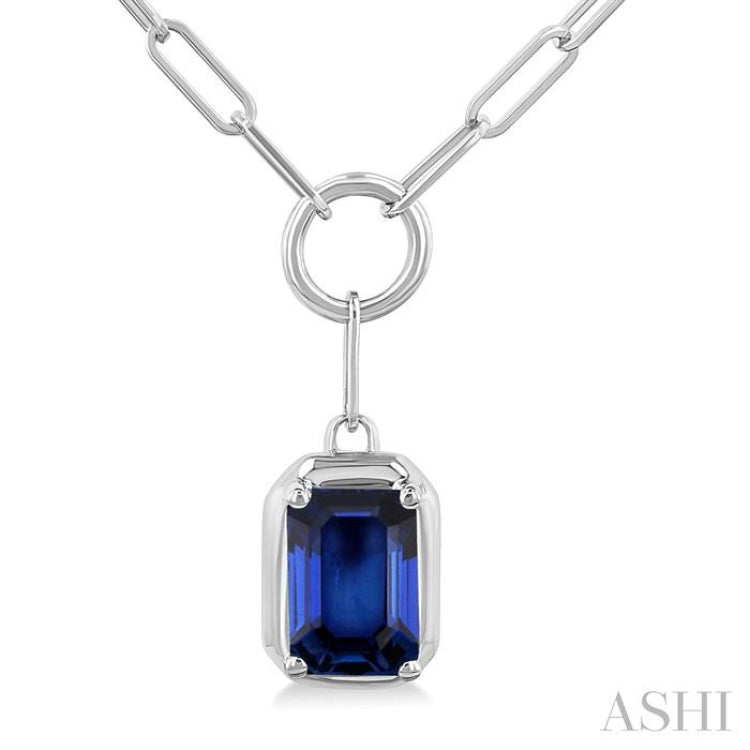 6x4 MM Sapphire Solitaire Precious Paperclip Pendant With Chain in 14K White Gold