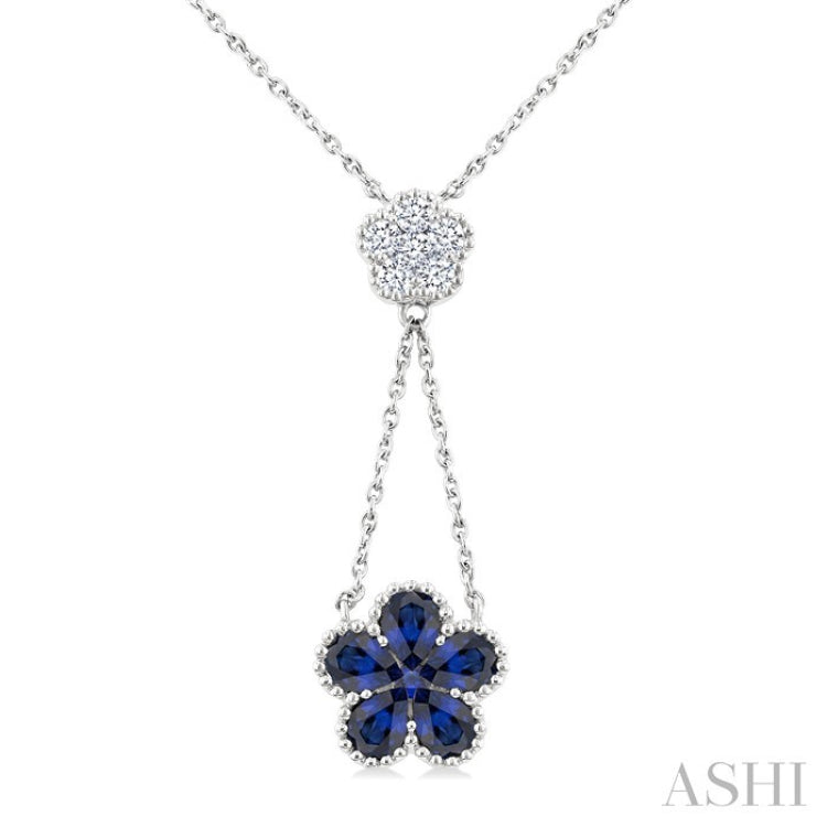 4x3 MM Pear Cut & 1.8 MM Round Sapphire and 1/5 Ctw Round Cut Diamond Floral Blossom Precious Necklace in 14K White Gold