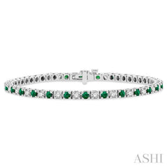 2.5 MM Emerald and 1 1/2 Ctw Round Cut Diamond Square Box Link Precious Tennis Bracelet in 14K White Gold