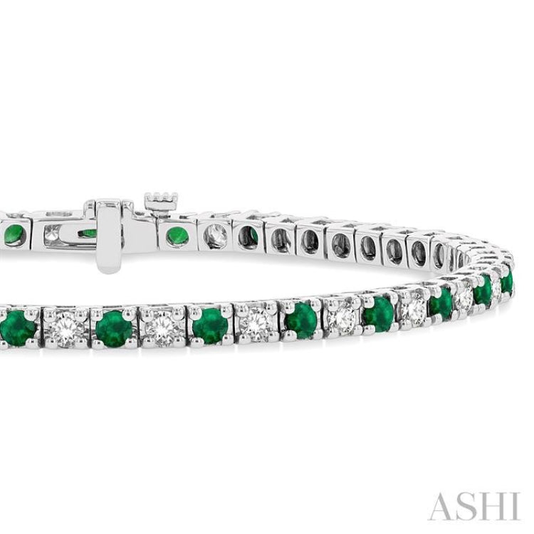 2.5 MM Emerald and 1 1/2 Ctw Round Cut Diamond Square Box Link Precious Tennis Bracelet in 14K White Gold