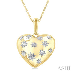 1/10 Ctw Bold Star Engraved Puffed Heart Round Cut Diamond Pendant With Chain in Yellow Gold Vermeil