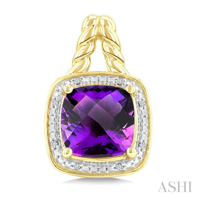 8 MM Cushion Shape Amethyst and 1/20 Ctw Round Cut Diamond Semi-Precious Earrings in Yellow Gold Vermeil
