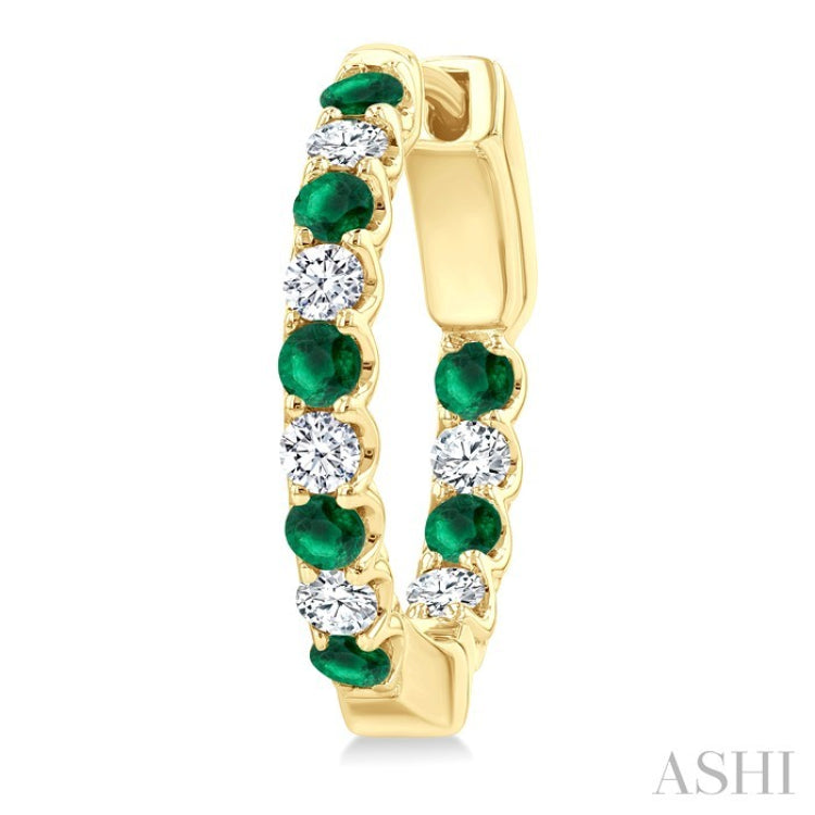 2.1 MM Round Shape Emerald and 1/2 Ctw Round Cut Diamond Inside & Outside Alternating Precious Hoop Earrings in 14K Yellow Gold