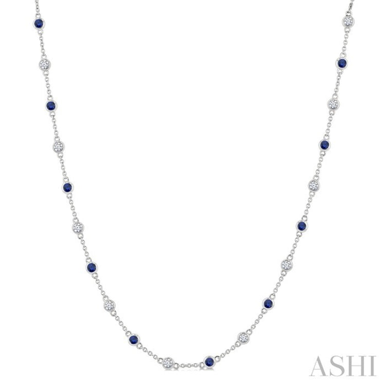 2.4 MM Round Shape Sapphire and 7/8 Ctw Round Cut Diamond Precious Station Necklace in 14K White Gold