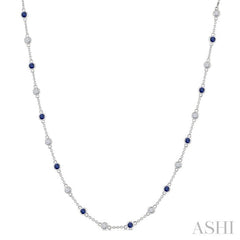 2.4 MM Round Shape Sapphire and 7/8 Ctw Round Cut Diamond Precious Station Necklace in 14K White Gold