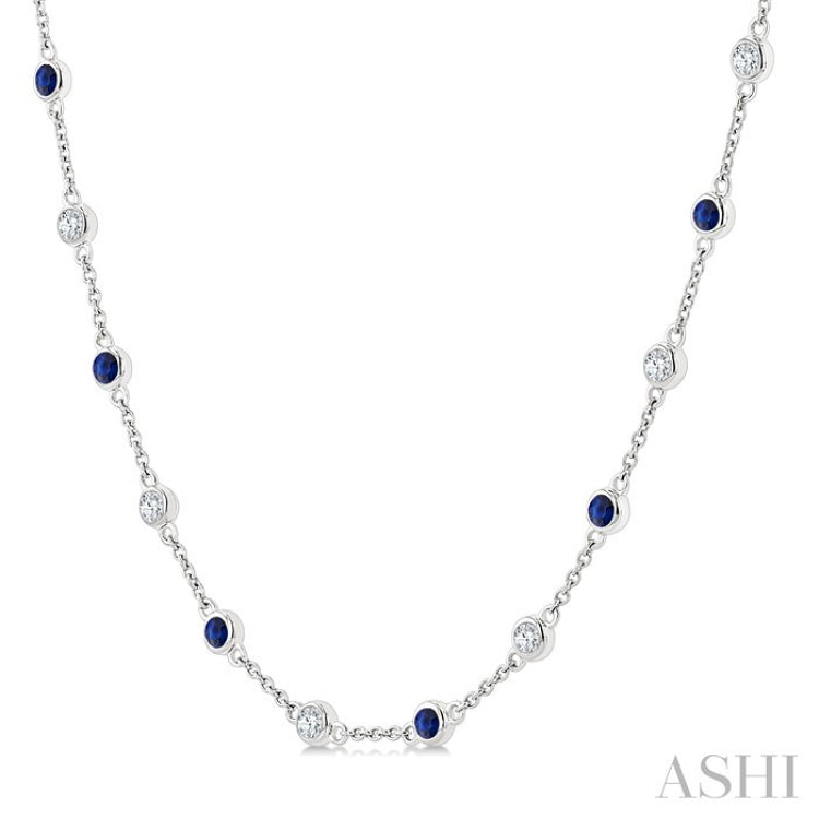 2.4 MM Round Shape Sapphire and 7/8 Ctw Round Cut Diamond Precious Station Necklace in 14K White Gold