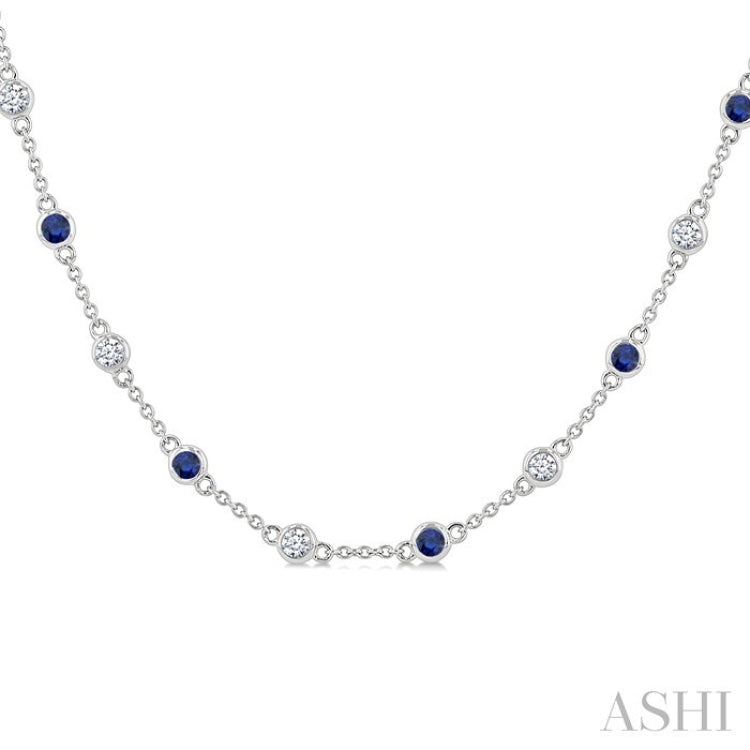 2.4 MM Round Shape Sapphire and 7/8 Ctw Round Cut Diamond Precious Station Necklace in 14K White Gold