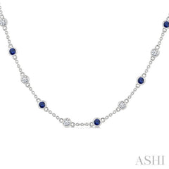 2.4 MM Round Shape Sapphire and 7/8 Ctw Round Cut Diamond Precious Station Necklace in 14K White Gold