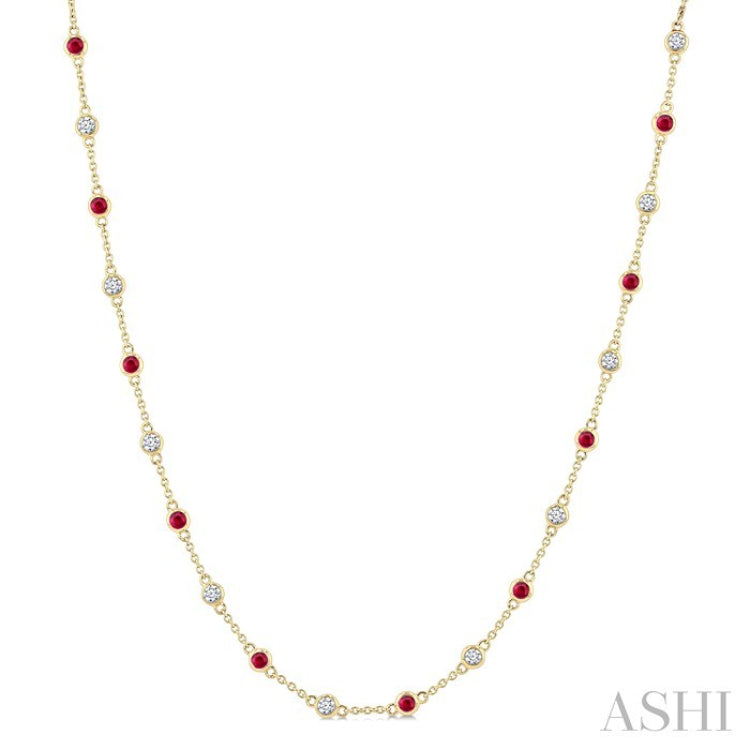 2.4 MM Round Shape Ruby and 7/8 Ctw Round Cut Diamond Precious Station Necklace in 14K Yellow Gold