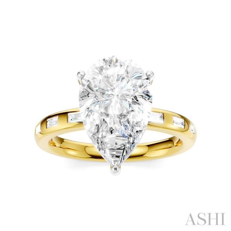 1/3 Ctw Pear Shape Baguette and Round Cut Diamond Semi-Mount Engagement Ring in 14K Yellow and White Gold